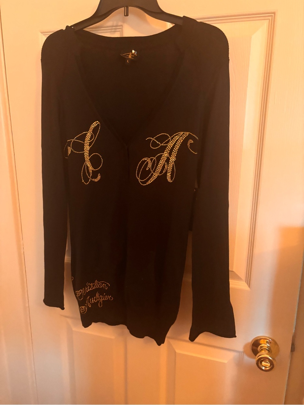 Christian Audigier Black V-Neck Long Sleeve Top with Gold Script Studs